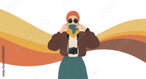 Stylish Adventurer Capturing Moments With Camera On A Colorful Background
