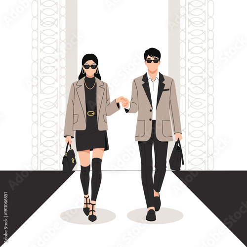 Stylish Couple Strutting Down Catwalk in Fashionable Attire