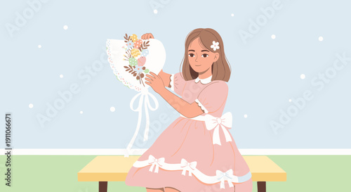 Sweet Young Girl Holding Delicate Floral Bonnet