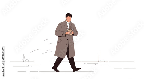 Stylish Man In Overcoat Walking With Coffee Cup On A White Background