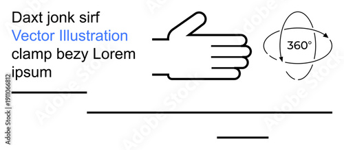 Communication, navigation, technology, direction, user interface, abstract design. A hand gesture alongside a 360-degree orbiting arrow and placeholder texts. Communication and navigation concept
