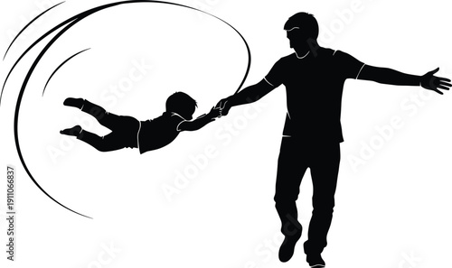 Silhouette illustration of a happy father playing with his child spinning around having fun together family bonding concept design.