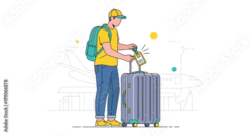 Traveler Attaching Luggage Tag To Suitcase At Airport Terminal Ready For Flight