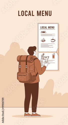 Traveler Consults Local Menu Board With Backpack Ready For Adventure