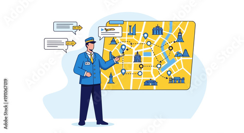Tour Guide Explaining Route On City Map With Landmarks And Chat Bubbles