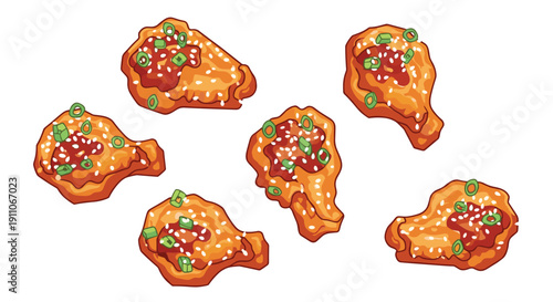 Six crispy fried chicken wings coated in sweet chili sauce with sesame seeds and chopped green onions are scattered.