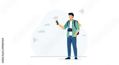 Traveler Connecting Using His Phone to Capture Signals and Communicate Over the Airwaves