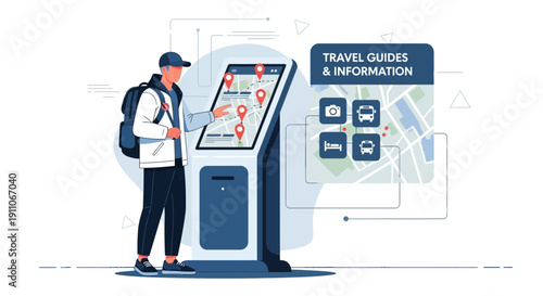 Tourist Exploring Interactive Travel Guide Kiosk for Destination Information and Guidance