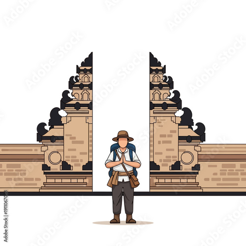 Traveler Embracing Ancient Gates Cultural Welcome Tourism Adventure