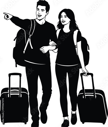 Illustration of a happy young couple walking with luggage bags traveling together on a holiday vacation trip concept design.
