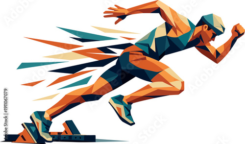 Low-poly vector illustration of a sprinter reacting to the start signal, explosive first movement out of the blocks with