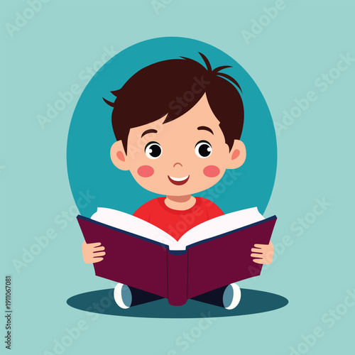 A cartoon boy reading a book with a happy expression
