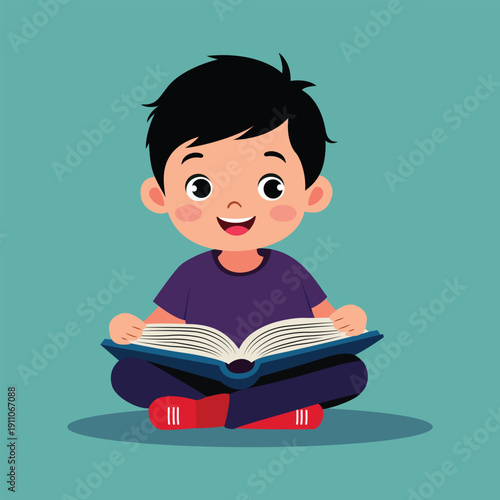 A young boy reading a book with a happy expression