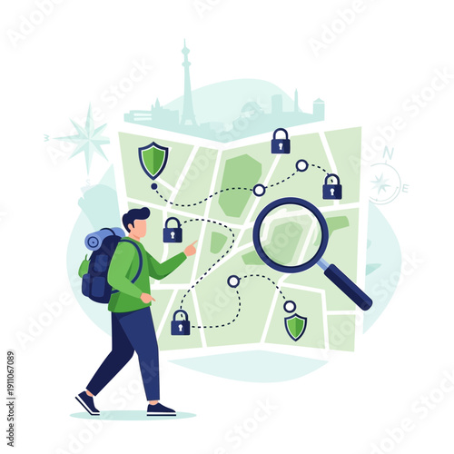 Traveler Exploring Destinations With Magnifying Glass and Map Icons