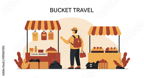 Traveler Exploring Vibrant Local Market Booths With Goods