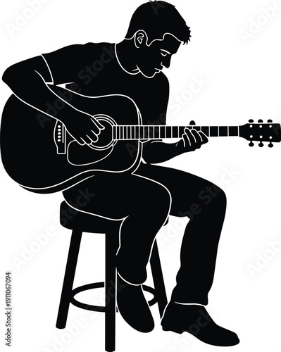 Silhouette illustration of a male musician sitting on a stool playing an acoustic guitar performing music entertainment concept design.