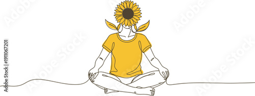 Person meditating with sunflower on head