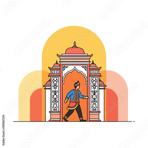 Traditional Indian Gate With a Man Walking Through