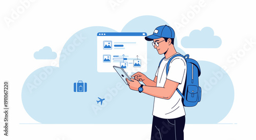 Traveler Planning Adventure With Digital Devices And Cloud Storage Concepts