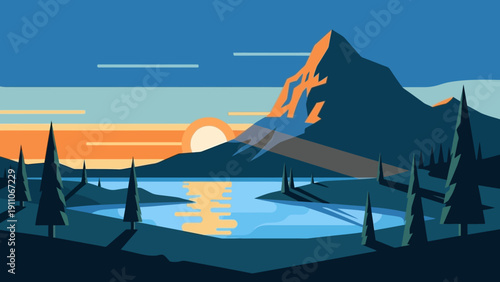 Flat Design Sunset Over Mountain Lake with Pine Trees and Reflection