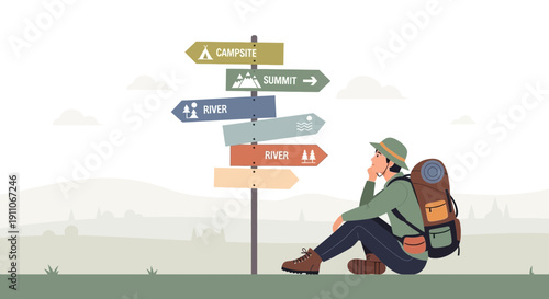 Traveler Pondering Multiple Outdoor Adventure Directions At A Crossroads Signpost