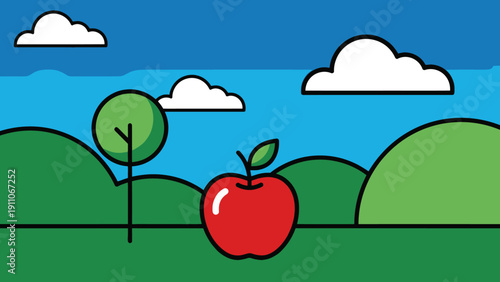 Vibrant minimalist illustration of a fresh red apple, a healthy culinary ingredient, in a serene green landscape under a blue sky, reflecting nature's purity