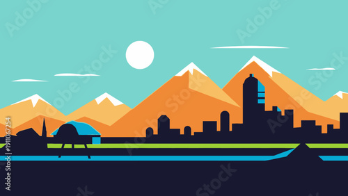 Vibrant flat design landscape illustration city skyline, majestic mountains, and calm waters under a bright sun. Harmonious blend of urban and natural elements