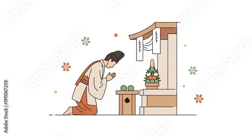 Traditional Japanese Worship Ritual At Shinto Shrine Sacred Ceremony