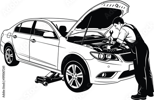 Illustration of a professional auto mechanic repairing a car engine with a wrench in a garage service station concept.