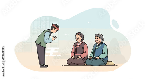 Traditional Korean Greeting Ceremony with Elders and Young Man