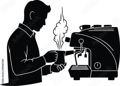 Silhouette illustration of a professional male barista making fresh espresso coffee using a machine in a cafe shop design.
