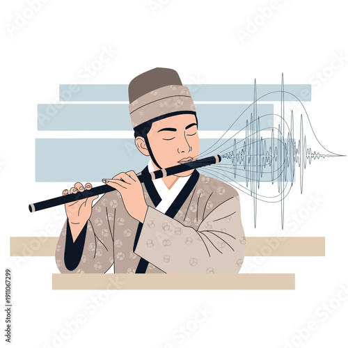 Traditional Musician Playing Ancient Flute Generating Harmonious Soundwaves