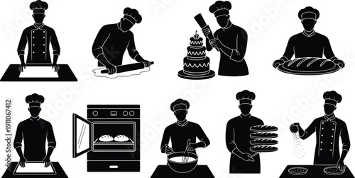 Collection of silhouette illustrations showing a professional baker chef performing various baking tasks like kneading dough and icing cakes.