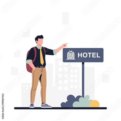 Traveler Seeking Accommodation Near City Hotel Landmark