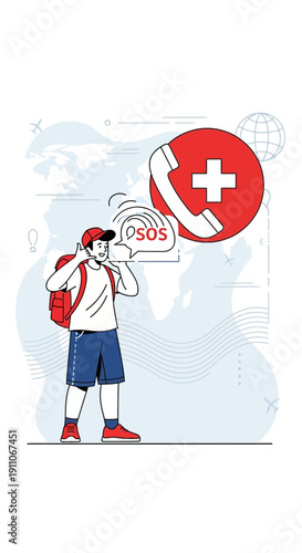 Traveler Seeking Urgent Assistance Through SOS Signal And Emergency Call Icon
