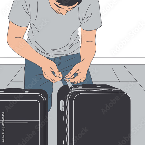 Traveler Securing Luggage Zipper With Focus And Precision For Safe Journeys Ahead