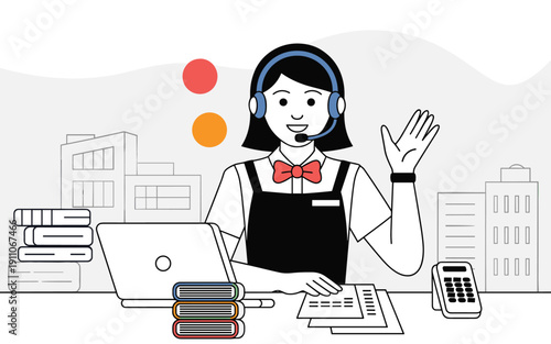 Illustration of a friendly female customer service agent wearing a headset sitting at a desk ready to help clients.