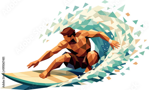 Polygonal Wave Cutback. Low-poly vector illustration of a surfer performing a powerful wave cutback, full-body athlete with