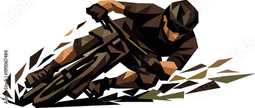 Low-poly vector illustration of a cyclist at maximum lean during a sharp turn, extreme angular silhouette nearly parallel to the