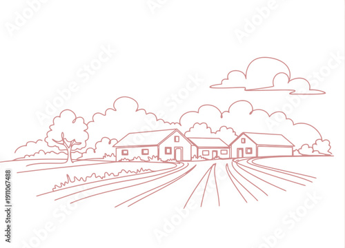 Rural Farm Landscape with Houses and Fields