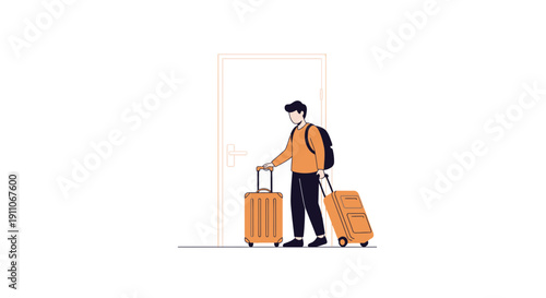 Traveler With Luggage Stands Before Door Ready For Journey
