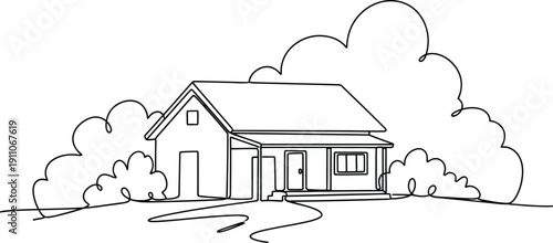 Simple House with Trees and Clouds