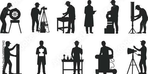 Set of construction worker silhouettes showing engineers and builders using tools and surveying equipment for industrial vector illustration.