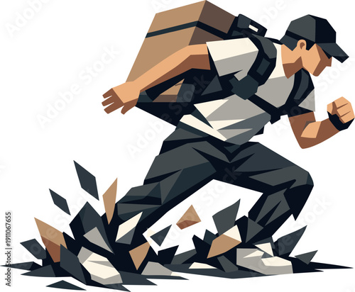 Low-poly vector illustration of a courier encountering resistance mid-sprint, body twisted slightly with visible angular strain