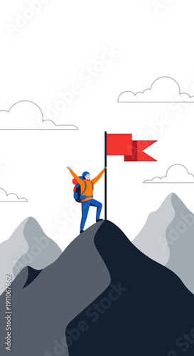 Triumphant Explorer Plants Flag On Summit Achieving Peak Success