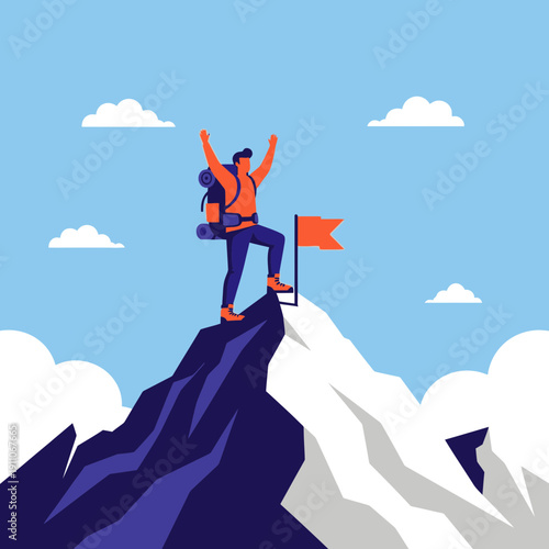 Triumphant Climber Reaches Mountain Peak Summit Achieving Goal Victory Symbol