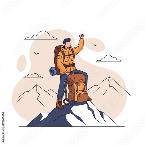 Triumphant Hiker Ascends Mountain Peak Celebrating Achievement With Joyful Gesture