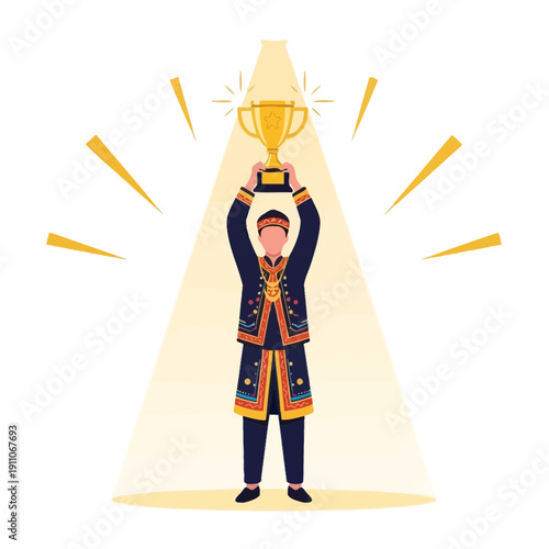 Triumphant Individual Celebrates Victory Holding Golden Trophy High