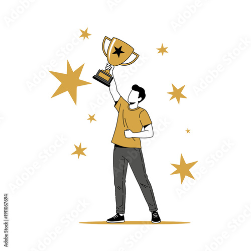 Triumphant Person Holding a Golden Trophy in a Starry Celebration