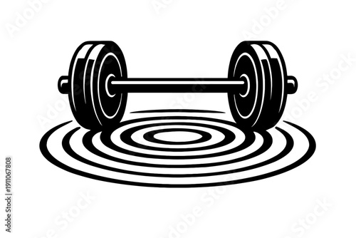 Heavy Barbell on Circular Gym Platform Vector Illustration - Bold Black and White Graphic for Weightlifting, Powerlifting, and Bodybuilding - Professional Fitness and Strength Training Design